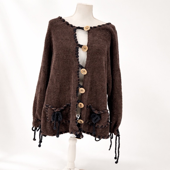 Hot Knots Brown Cotton Cardigan Sweater Cottagecore Boho Artsy Indie Slouchy OS - Picture 4 of 13